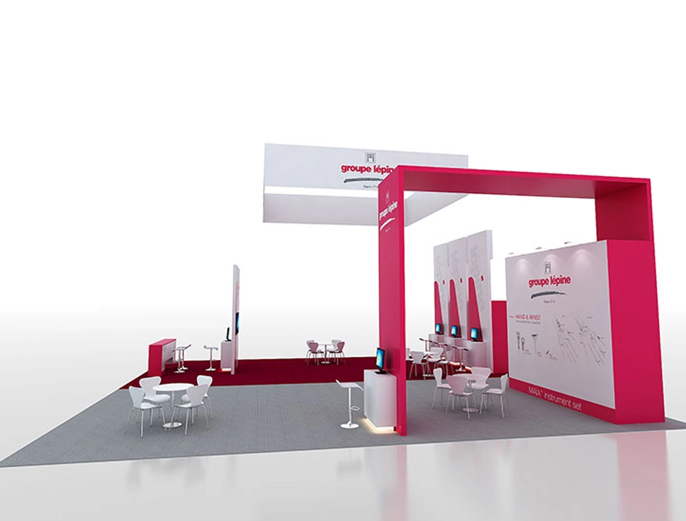 40x40 exhibit with modular product demo stations